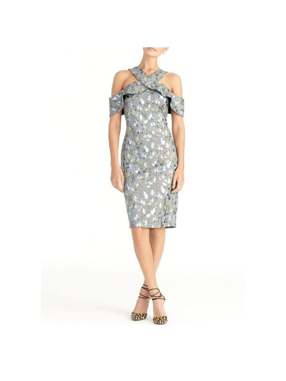 Rachel Roy Jolie Grey Metallic Floral Plaid Crossover Neckline Dress Size S NWOT
